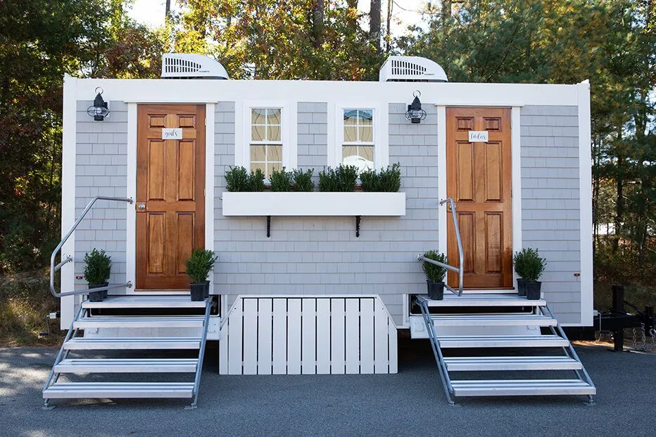 Wedding restroom units discretely staged at a venue in Palestine, Texas